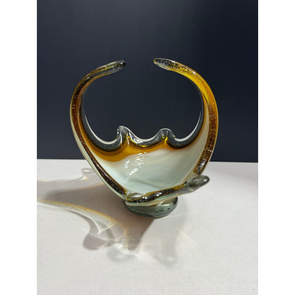 Vintage Murano Style Art Glass Basket Amber White Hand Blown MCM Decor Bowl